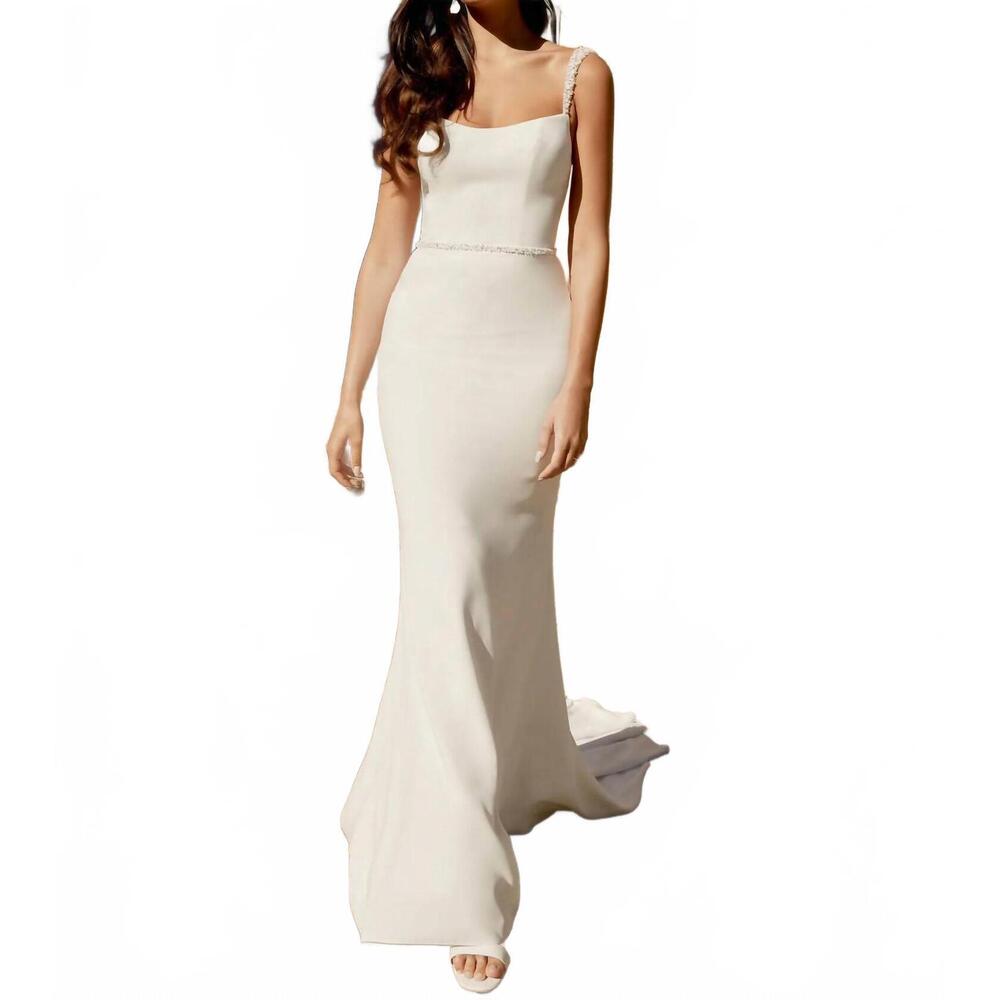 NEW SINCERITY beaded crepe fit and flare wedding gown in ivory